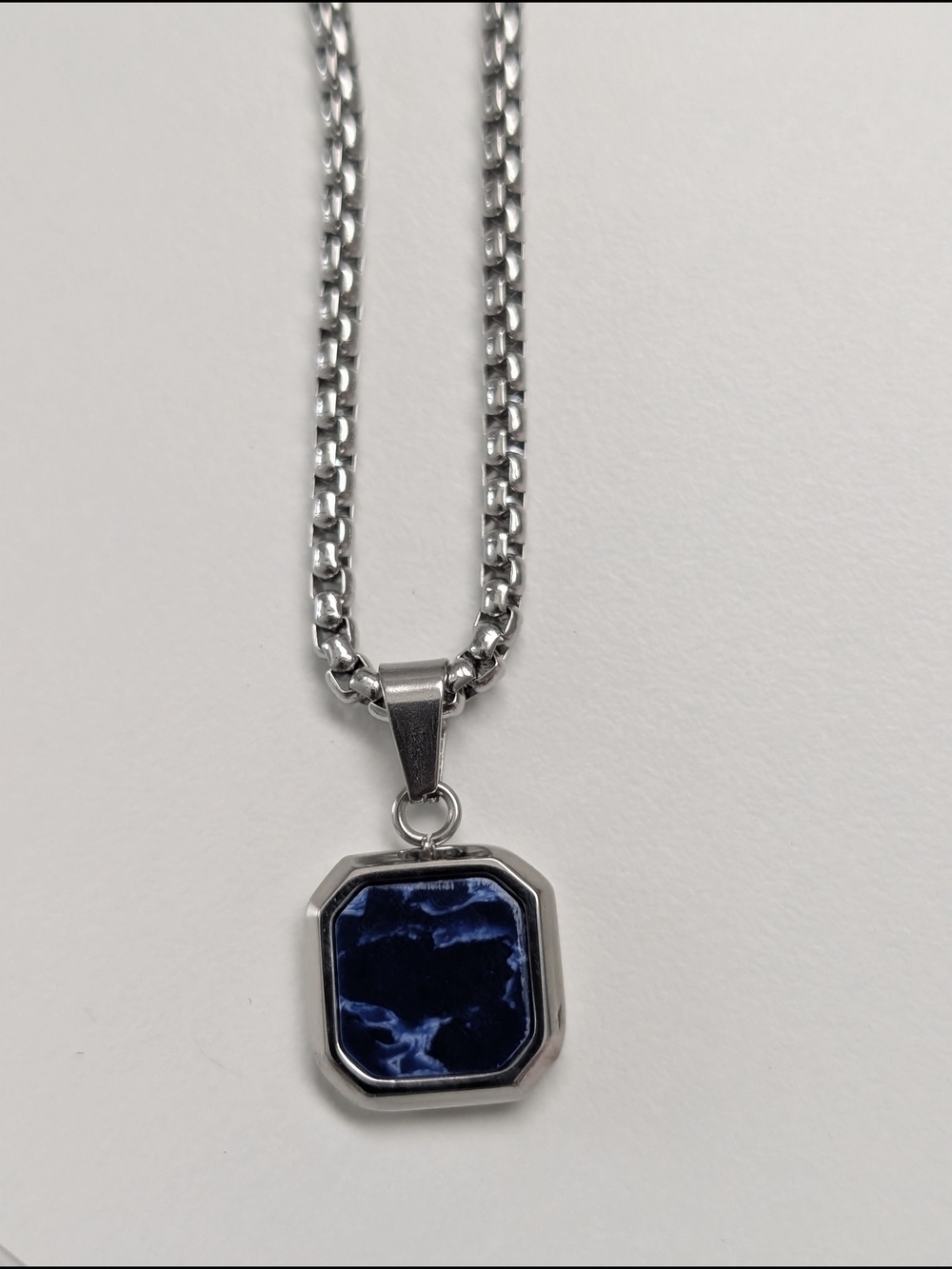 Stainless Steel Chain Necklace with Navy Blue Octagon Pendant